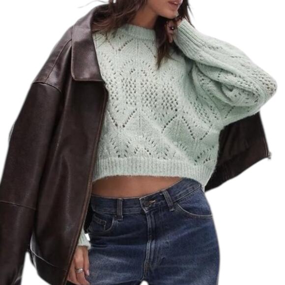 NWT TopShop Pointelle Cropped Crewneck Sweater Women’s Size 12 Mint Green - Picture 2 of 8